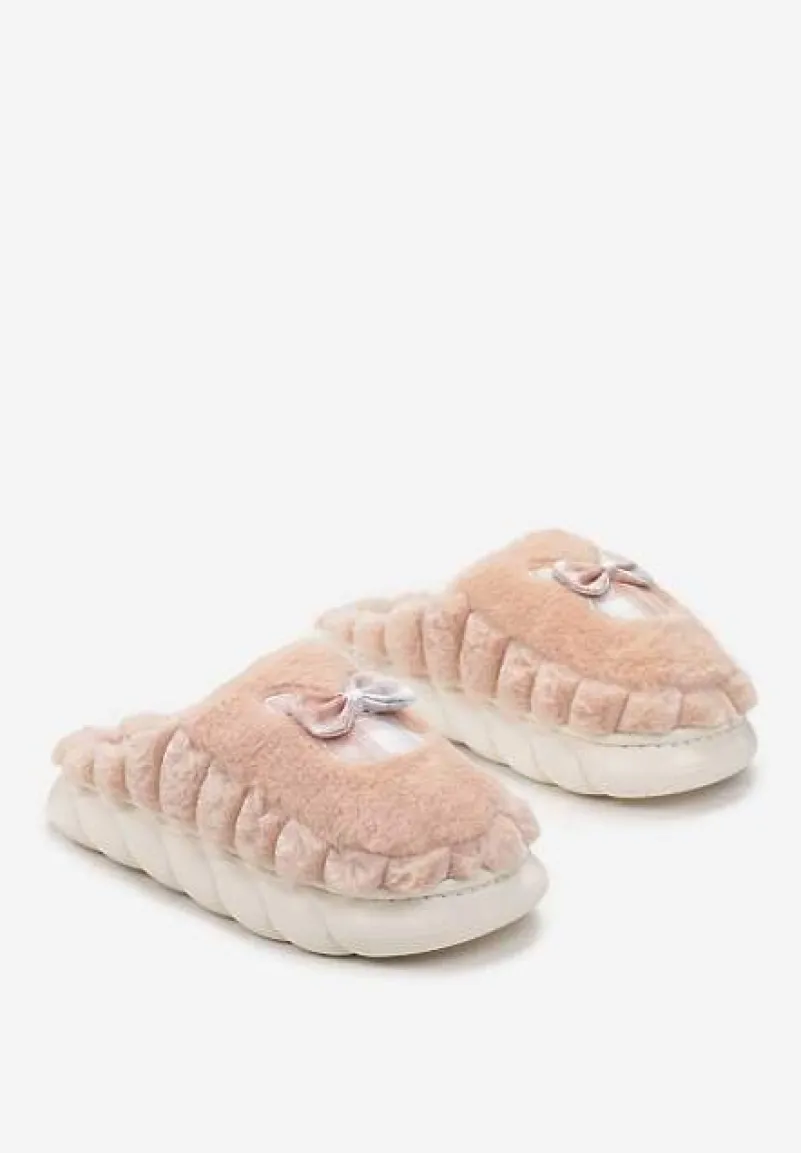 Pomarańczowe Futrzane Kapcie na Platformie z Kokardką Oivio