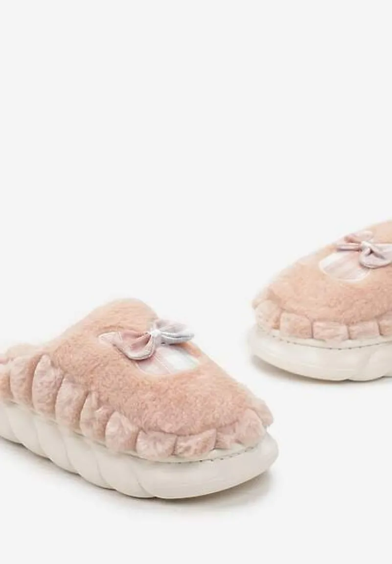 Pomarańczowe Futrzane Kapcie na Platformie z Kokardką Oivio