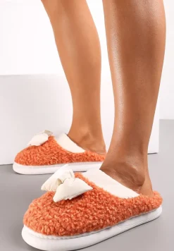 Pomarańczowe Kapcie z Futrzanego Kożuszka z Kokardką Hilusa