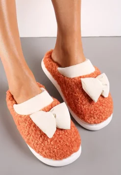 Pomarańczowe Kapcie z Futrzanego Kożuszka z Kokardką Hilusa