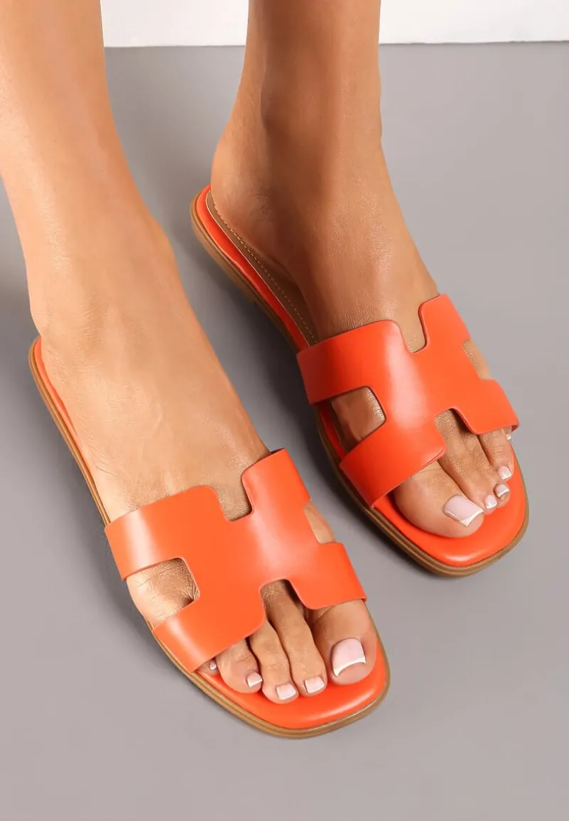 Pomarańczowe Klapki z Imitacji Skóry z Ozdobnymi Wycięciami i Kwadratowym Noskiem Rosila