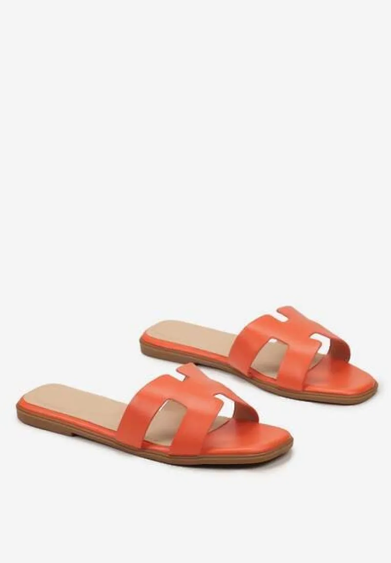 Pomarańczowe Klapki z Imitacji Skóry z Ozdobnymi Wycięciami i Kwadratowym Noskiem Rosila