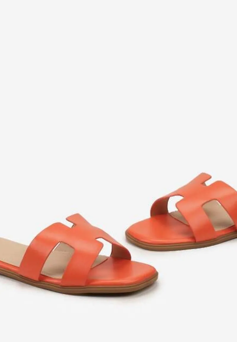 Pomarańczowe Klapki z Imitacji Skóry z Ozdobnymi Wycięciami i Kwadratowym Noskiem Rosila