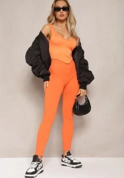 Pomarańczowe Legginsy High Waist Prążkowane Push-Up Sunflowia