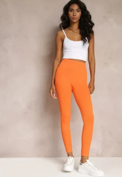 Pomarańczowe Legginsy z Prążkowanej Dzianiny Tarini