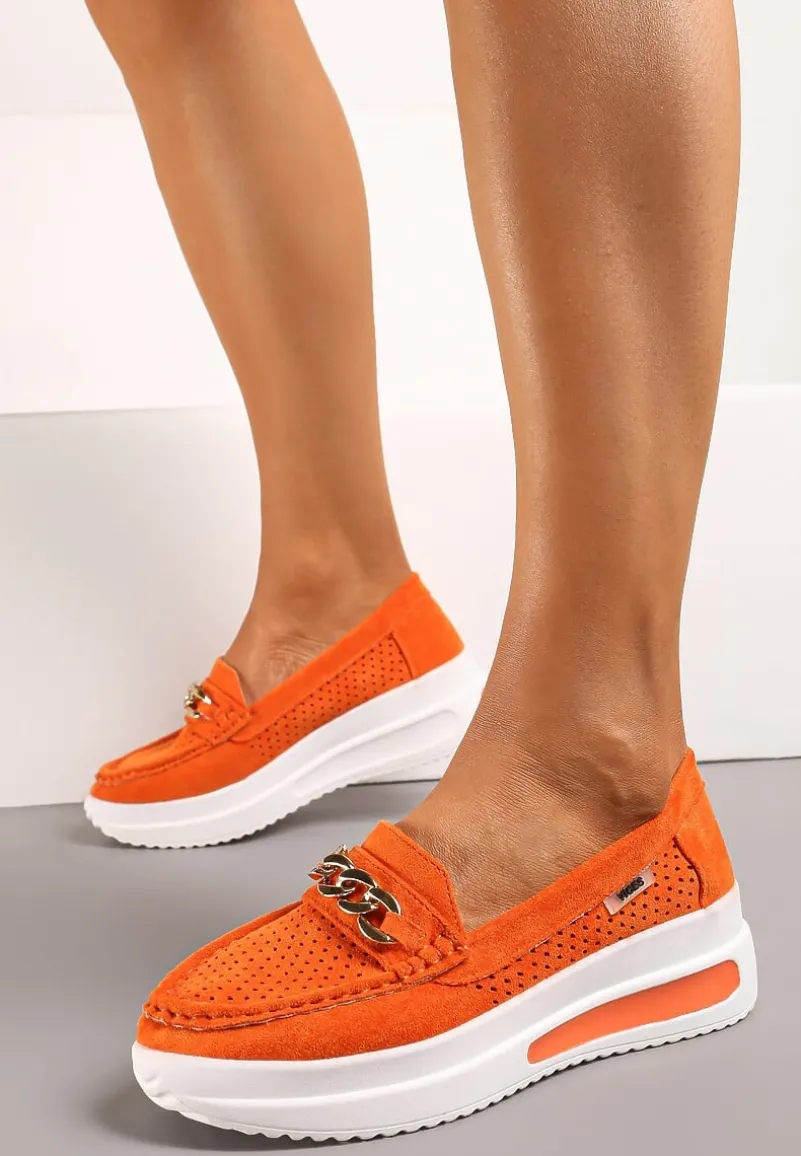 Pomarańczowe Mokasyny na Platformie z Łańcuszkiem Himenna