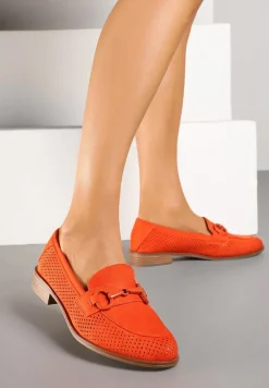 Pomarańczowe Mokasyny Vices z Perforacją z Wkładką ze Skóry Naturalnej Felithria
