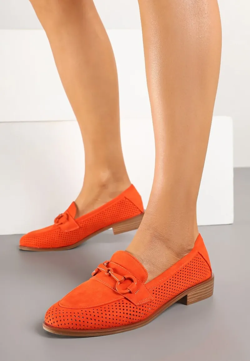 Pomarańczowe Mokasyny Vices z Perforacją z Wkładką ze Skóry Naturalnej Felithria