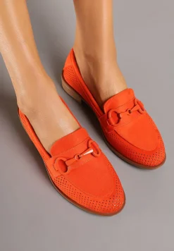 Pomarańczowe Mokasyny Vices z Perforacją z Wkładką ze Skóry Naturalnej Felithria