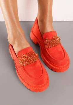 Pomarańczowe Mokasyny z Aplikacją z Biżuteryjnych Koralików Viatalia
