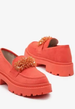 Pomarańczowe Mokasyny z Aplikacją z Biżuteryjnych Koralików Viatalia