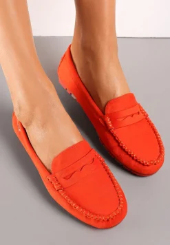 Pomarańczowe Mokasyny z Przeszyciami i Wkładką ze Skóry Naturalnej Isotta