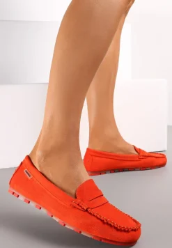 Pomarańczowe Mokasyny z Przeszyciami i Wkładką ze Skóry Naturalnej Isotta