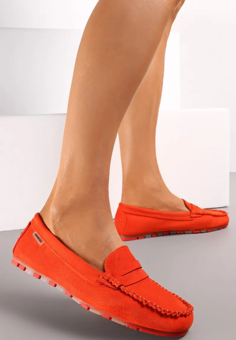 Pomarańczowe Mokasyny z Przeszyciami i Wkładką ze Skóry Naturalnej Isotta