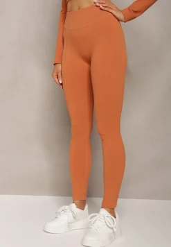 Pomarańczowe Prążkowane Legginsy z Wysokim Stanem Amokka