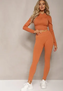 Pomarańczowe Prążkowane Legginsy z Wysokim Stanem Amokka