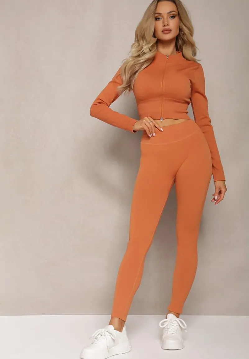 Pomarańczowe Prążkowane Legginsy z Wysokim Stanem Amokka