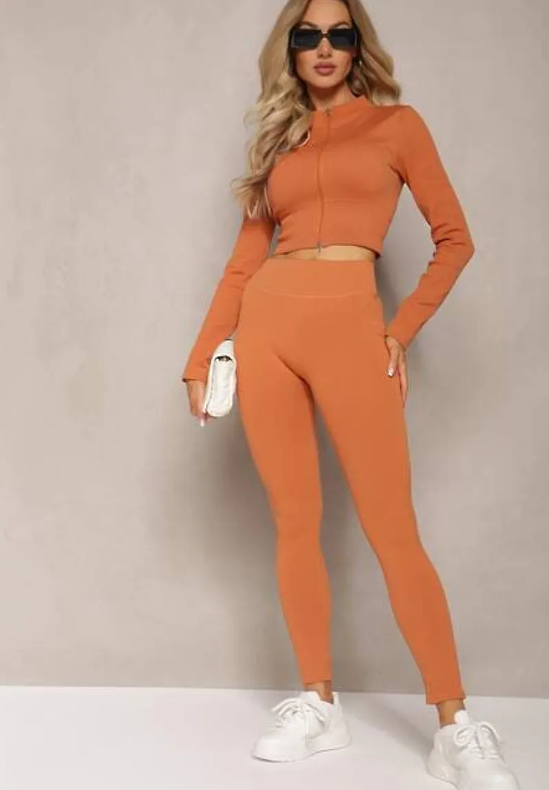 Pomarańczowe Prążkowane Legginsy z Wysokim Stanem Amokka