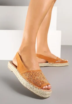 Pomarańczowe Sandały w Stylu Espadryli z Cyrkoniami na Podeszwie z Plecionki Neorwena