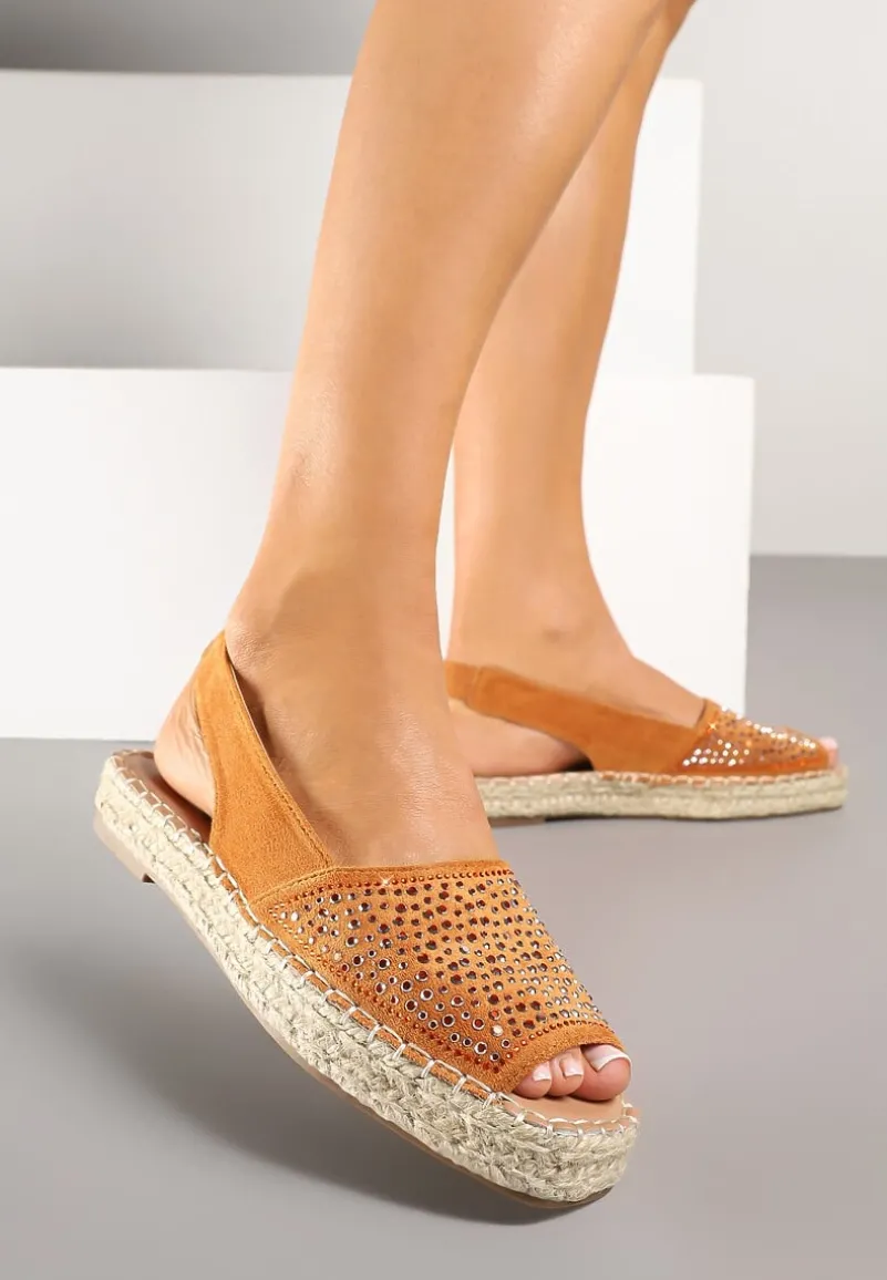 Pomarańczowe Sandały w Stylu Espadryli z Cyrkoniami na Podeszwie z Plecionki Neorwena
