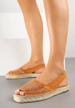 Pomarańczowe Sandały w Stylu Espadryli z Cyrkoniami na Podeszwie z Plecionki Neorwena