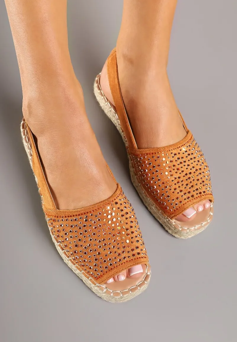 Pomarańczowe Sandały w Stylu Espadryli z Cyrkoniami na Podeszwie z Plecionki Neorwena
