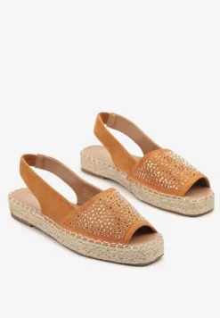 Pomarańczowe Sandały w Stylu Espadryli z Cyrkoniami na Podeszwie z Plecionki Neorwena