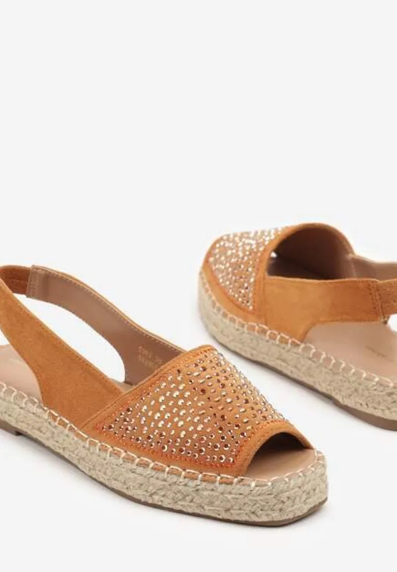 Pomarańczowe Sandały w Stylu Espadryli z Cyrkoniami na Podeszwie z Plecionki Neorwena