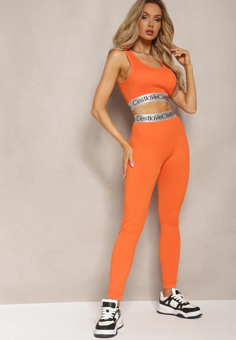 Pomarańczowe Sportowe Legginsy Elastyczne z Ozdobną Szeroką Gumą w Pasie Larnode
