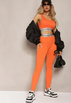 Pomarańczowe Sportowe Legginsy Elastyczne z Ozdobną Szeroką Gumą w Pasie Larnode