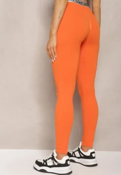 Pomarańczowe Sportowe Legginsy Elastyczne z Ozdobną Szeroką Gumą w Pasie Larnode