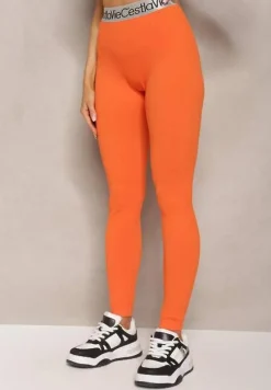 Pomarańczowe Sportowe Legginsy Elastyczne z Ozdobną Szeroką Gumą w Pasie Larnode