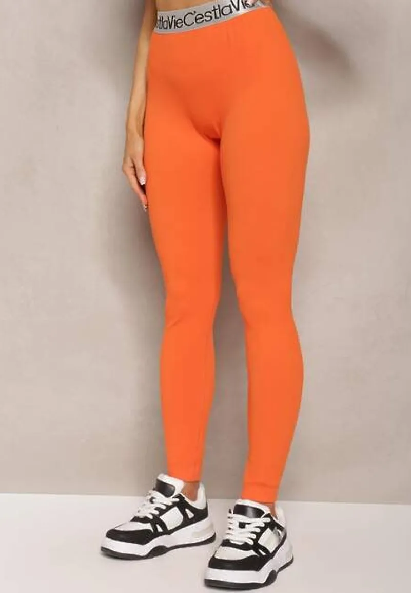 Pomarańczowe Sportowe Legginsy Elastyczne z Ozdobną Szeroką Gumą w Pasie Larnode
