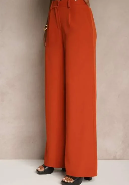 Pomarańczowe Szerokie Spodnie High Waist z Gumką w Pasie Eternel