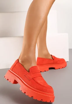 Pomarańczowe Wsuwane Mokasyny na Płaskiej Grubej Podeszwie z Wkładką z Ekoskóry Dionela