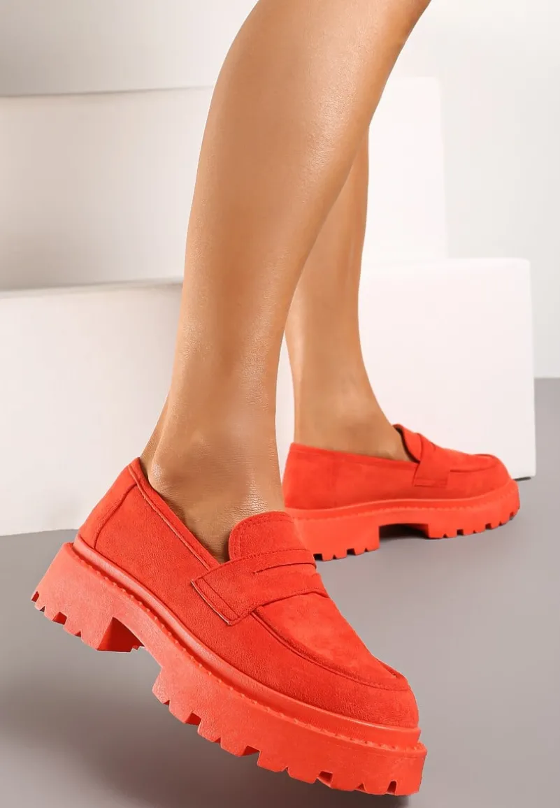 Pomarańczowe Wsuwane Mokasyny na Płaskiej Grubej Podeszwie z Wkładką z Ekoskóry Dionela