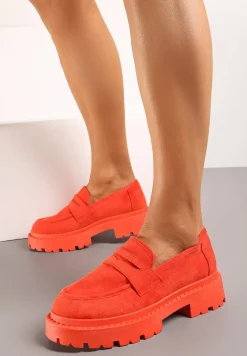 Pomarańczowe Wsuwane Mokasyny na Płaskiej Grubej Podeszwie z Wkładką z Ekoskóry Dionela