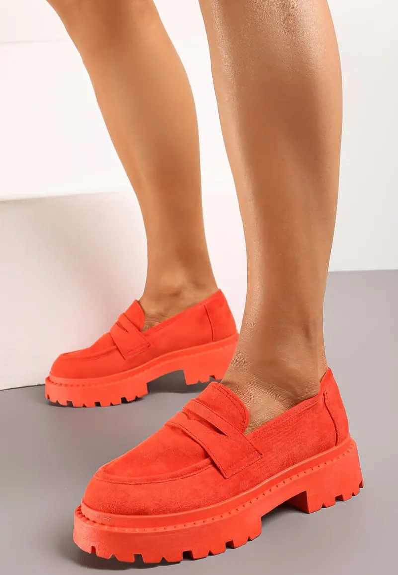 Pomarańczowe Wsuwane Mokasyny na Płaskiej Grubej Podeszwie z Wkładką z Ekoskóry Dionela