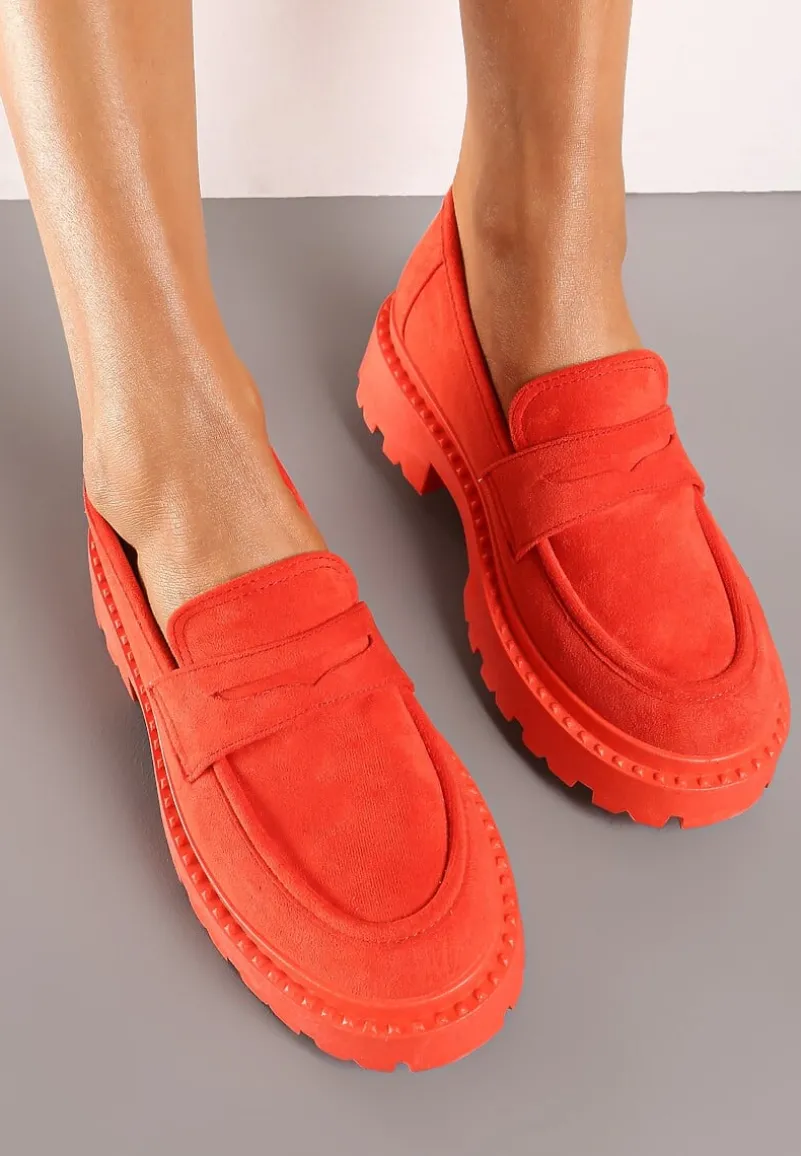 Pomarańczowe Wsuwane Mokasyny na Płaskiej Grubej Podeszwie z Wkładką z Ekoskóry Dionela