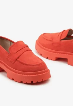 Pomarańczowe Wsuwane Mokasyny na Płaskiej Grubej Podeszwie z Wkładką z Ekoskóry Dionela