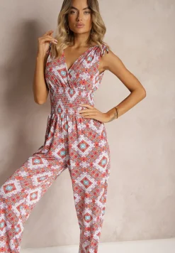 Pomarańczowy Bawełniany Kombinezon w Geometryczny Wzór Ściągany przy Ramionach Troczkami Twila