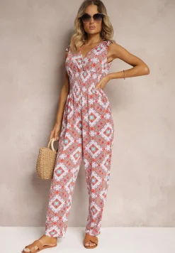 Pomarańczowy Bawełniany Kombinezon w Geometryczny Wzór Ściągany przy Ramionach Troczkami Twila