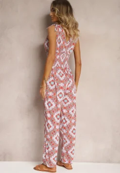 Pomarańczowy Bawełniany Kombinezon w Geometryczny Wzór Ściągany przy Ramionach Troczkami Twila