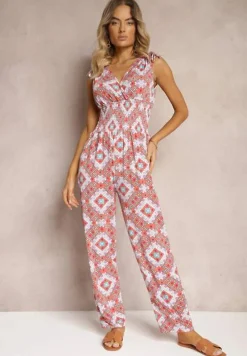 Pomarańczowy Bawełniany Kombinezon w Geometryczny Wzór Ściągany przy Ramionach Troczkami Twila