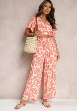 Pomarańczowy 2-częściowy Komplet z Szerokimi Spodniami i Krótką Bluzką z Wiskozy Steliisa