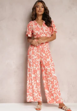 Pomarańczowy 2-częściowy Komplet z Szerokimi Spodniami i Krótką Bluzką z Wiskozy Steliisa