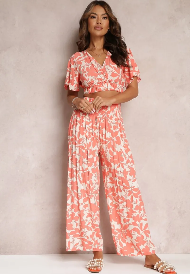 Pomarańczowy 2-częściowy Komplet z Szerokimi Spodniami i Krótką Bluzką z Wiskozy Steliisa