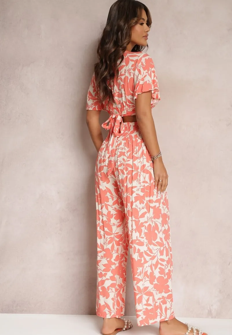 Pomarańczowy 2-częściowy Komplet z Szerokimi Spodniami i Krótką Bluzką z Wiskozy Steliisa