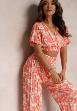 Pomarańczowy 2-częściowy Komplet z Szerokimi Spodniami i Krótką Bluzką z Wiskozy Steliisa