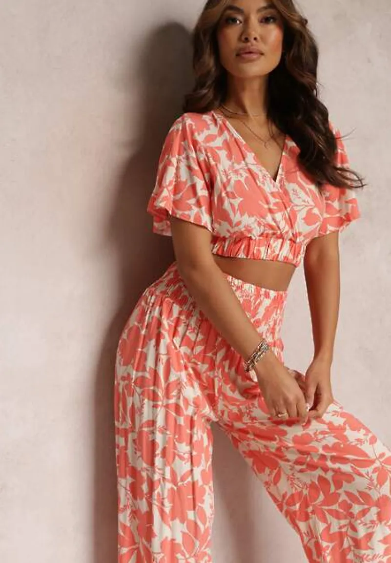 Pomarańczowy 2-częściowy Komplet z Szerokimi Spodniami i Krótką Bluzką z Wiskozy Steliisa